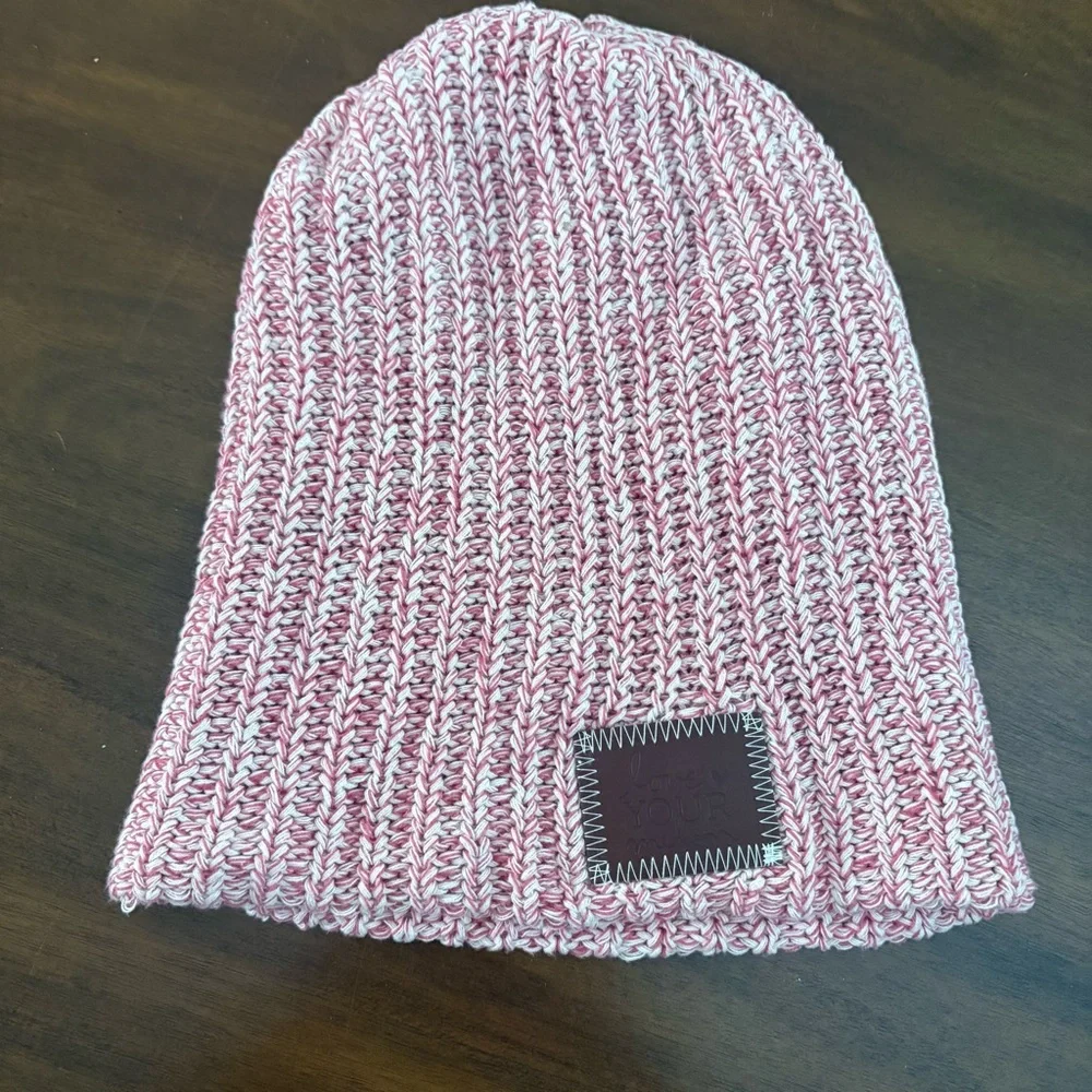 Love Your Melon Pink and White Knit Beanie Hat Winter